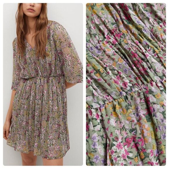 Mango Pleated Printed Dress New - Picture 1 of 10